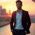 "Max Zypher stands confidently in front of a modern cityscape at sunset, showcasing cutting-edge health tech with a sleek smartwatch."