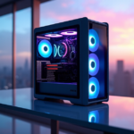Cutting-Edge Gadgets: Top Gaming Tech Innovations for Enhanced Experiences "A sleek silver gaming PC with RGB-lit components on a glass desk in a modern room with cityscape view at dusk."
