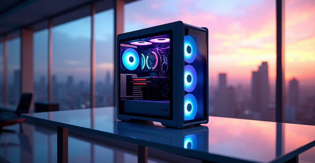 "A sleek silver gaming PC with RGB-lit components on a glass desk in a modern room with cityscape view at dusk."