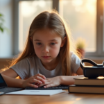 "A young girl sits at a wooden desk in a modern classroom, intensely focused on augmented reality glasses and cutting-edge educational technology."