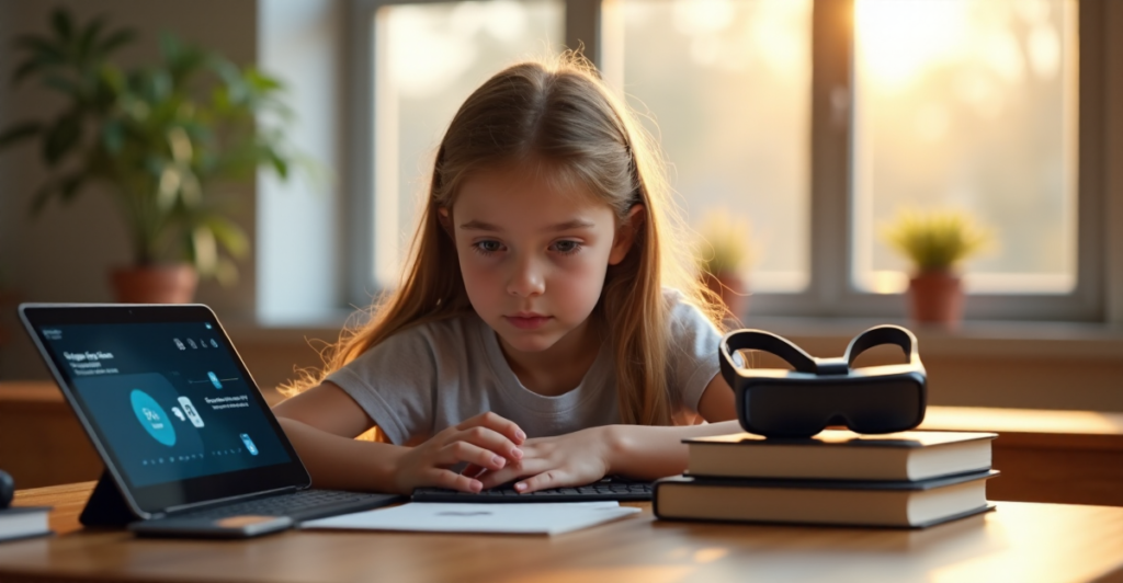 "A young girl sits at a wooden desk in a modern classroom, intensely focused on augmented reality glasses and cutting-edge educational technology."