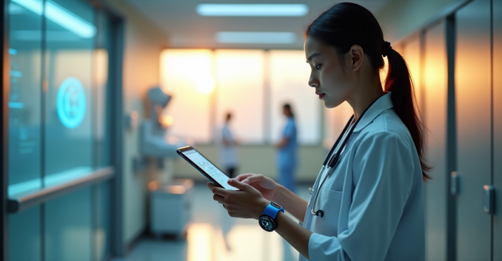 "A futuristic hospital ward showcasing a doctor using cutting-edge technology with seamless 5G connectivity, highlighting innovative medical advancements."