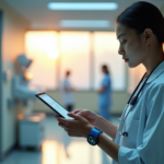 "A futuristic hospital ward showcasing a doctor using cutting-edge technology with seamless 5G connectivity, highlighting innovative medical advancements."
