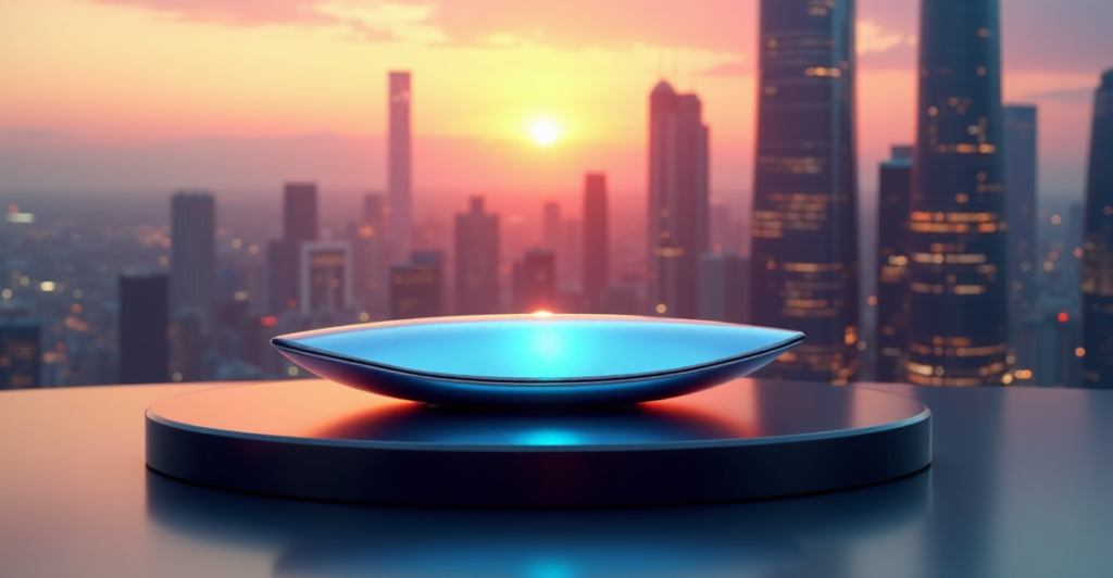 "A futuristic cityscape at dusk featuring a sleek 5G smartphone on a pedestal, surrounded by cutting-edge innovation gadgets and towering skyscrapers."