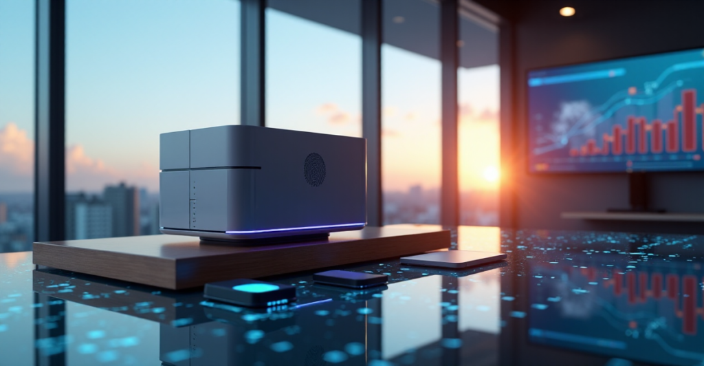 "Image of a modern e-commerce security hub featuring cutting-edge blockchain-powered technology and sleek gadgets in a serene natural light setting."