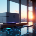 "Image of a modern e-commerce security hub featuring cutting-edge blockchain-powered technology and sleek gadgets in a serene natural light setting."