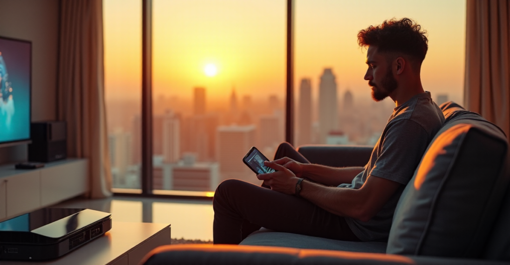 "Max Zypher sits on a modern couch, surrounded by tech gadgets, intently navigating a cutting-edge streaming device with excitement and curiosity."