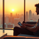 "Max Zypher sits on a modern couch, surrounded by tech gadgets, intently navigating a cutting-edge streaming device with excitement and curiosity."