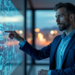 "Max Zypher stands confidently in front of a modern learning hub surrounded by education technology tools, including interactive whiteboards and high-tech laptops, with a subtle blue color palette and cityscape background."