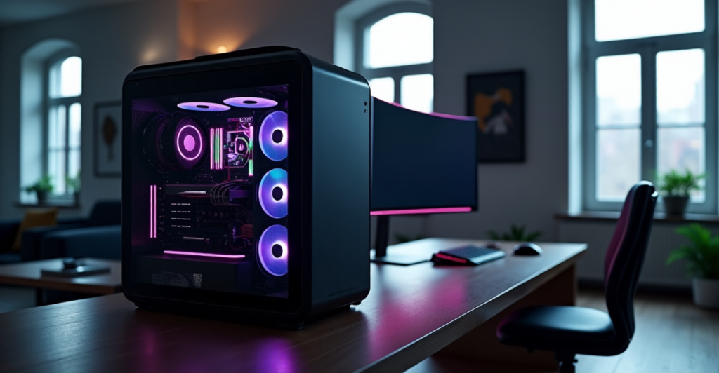 "A photorealistic image of a high-performance gaming PC setup on a dark hardwood desk in a dimly lit home office with large windows and soft natural light, featuring a custom water-cooling system and top-notch gadgets for seamless gaming experience."