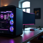 "A photorealistic image of a high-performance gaming PC setup on a dark hardwood desk in a dimly lit home office with large windows and soft natural light, featuring a custom water-cooling system and top-notch gadgets for seamless gaming experience."