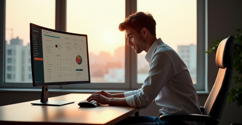 A young professional sits at a minimalist desk with a large monitor displaying various smart tools and software applications, surrounded by warm natural light during the golden hour.
