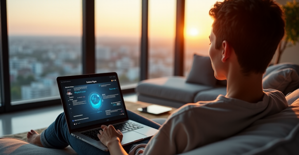 "A young adult sits comfortably on a modern couch, surrounded by education tech tools, gazing at their laptop with calm focus, amidst a serene cityscape at sunset."