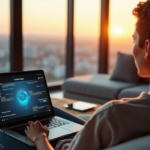 "A young adult sits comfortably on a modern couch, surrounded by education tech tools, gazing at their laptop with calm focus, amidst a serene cityscape at sunset."