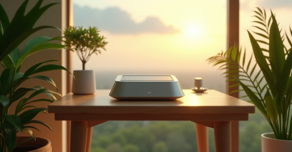 A sleek, silver smart home hub with integrated solar panel sits on a minimalist desk amidst lush greenery and potted plants, surrounded by soft natural light and a small water fountain, showcasing cutting-edge eco-friendly technology.