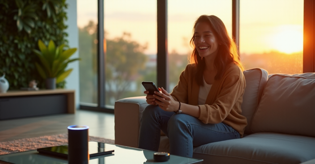 "A young woman relaxes on a minimalist couch surrounded by cutting-edge tech gadgets in a spacious living room with lush greenery."