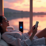 "Unlock Smarter Relaxation with Top 5G Gadgets and AI-Powered Fun" "A serene woman relaxes on a cream-colored couch in a modern living room with floor-to-ceiling windows overlooking a tranquil lake at sunset, surrounded by top 5G connectivity gadgets."