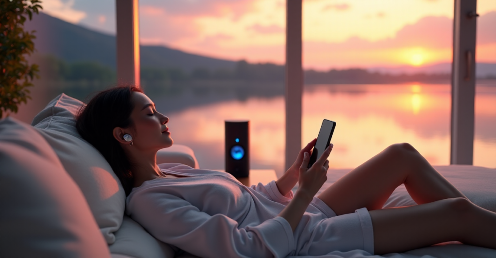"A serene woman relaxes on a cream-colored couch in a modern living room with floor-to-ceiling windows overlooking a tranquil lake at sunset, surrounded by top 5G connectivity gadgets."