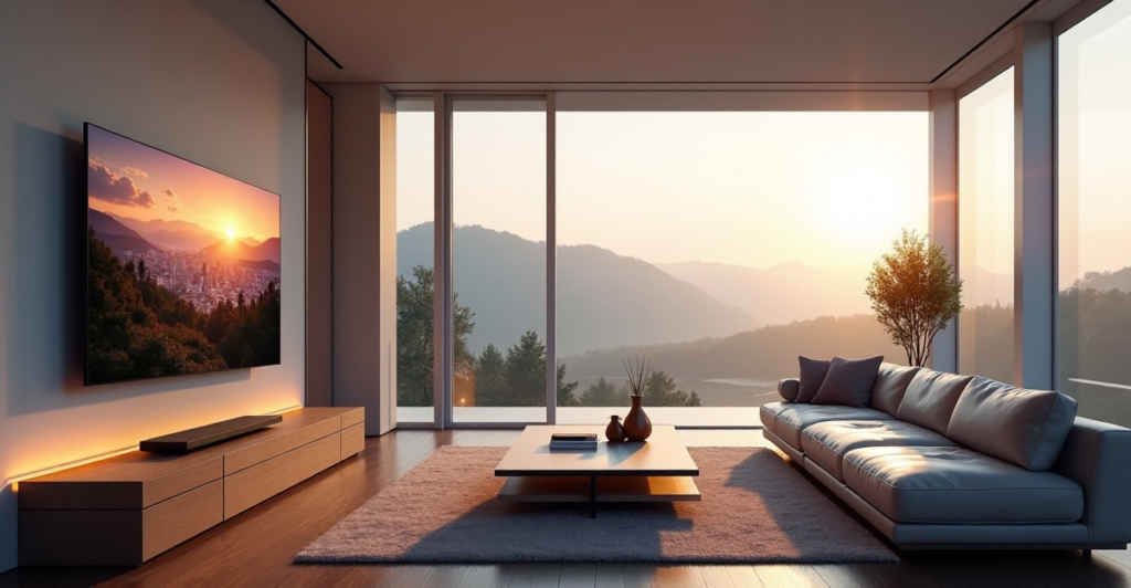 "A modern smart home living room with a 85-inch 4K TV displaying cityscape at sunrise, surrounded by sleek furniture and floor-to-ceiling windows offering misty morning views."