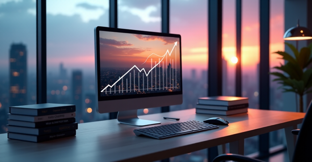 "A sleek silver cryptocurrency exchange terminal on a minimalist desk amidst a modern home office, surrounded by books on blockchain technology."