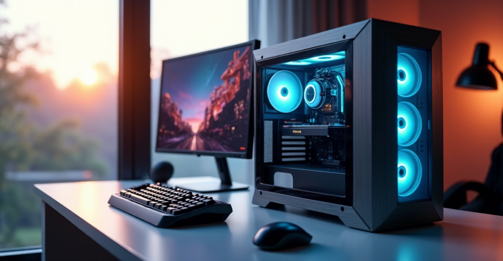 "A modern gaming setup featuring a high-end PC, 4K monitor, professional-grade keyboard, and compact mouse in a well-lit home office environment with subtle pastel hues and natural light."