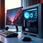 "A modern gaming setup featuring a high-end PC, 4K monitor, professional-grade keyboard, and compact mouse in a well-lit home office environment with subtle pastel hues and natural light."