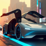 "Image of a futuristic cityscape at dusk with sleek self-driving cars navigating through congested streets, highlighting cutting-edge intelligent parking systems and innovative urban mobility."