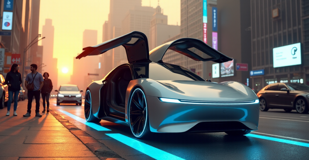 "Image of a futuristic cityscape at dusk with sleek self-driving cars navigating through congested streets, highlighting cutting-edge intelligent parking systems and innovative urban mobility."