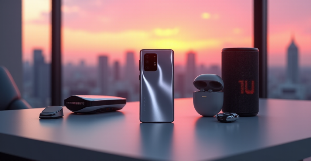 "Image of top 5G connectivity gadgets on a modern desk amidst cityscape at sunset."