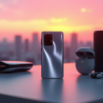 "Image of top 5G connectivity gadgets on a modern desk amidst cityscape at sunset."