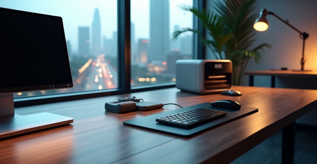 "A modern office space featuring a sleek desk with cutting-edge gadgets, natural light, and cityscape background, showcasing top 5G connectivity features in a calm efficient atmosphere."