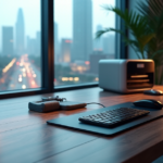 "A modern office space featuring a sleek desk with cutting-edge gadgets, natural light, and cityscape background, showcasing top 5G connectivity features in a calm efficient atmosphere."