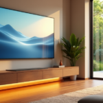 "A modern living room with a smart home system featuring a large touchscreen display, minimalist console table, plush furniture, and lush garden view through a window."