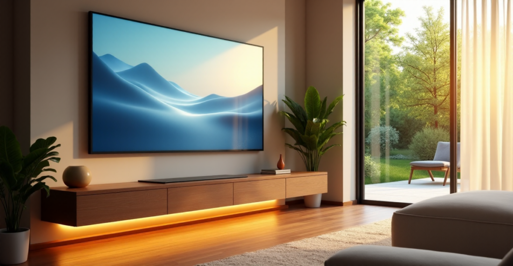 "A modern living room with a smart home system featuring a large touchscreen display, minimalist console table, plush furniture, and lush garden view through a window."