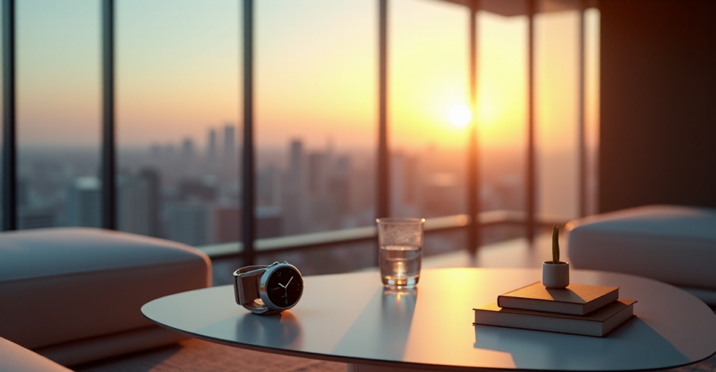 "A sleek silver smartwatch on a minimalist coffee table in an upscale living room with cityscape view at sunset, showcasing cutting-edge lifestyle tech."