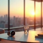 "Smarter Health Meets Innovation with Cutting-Edge Lifestyle Tech" "A sleek silver smartwatch on a minimalist coffee table in an upscale living room with cityscape view at sunset, showcasing cutting-edge lifestyle tech."