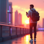 "Max Zypher's Top Mobile & Travel Gadgets: Unlock Smarter Journeys with 5G Connectivity and AI Automation" "A young man stands confidently in front of a bustling cityscape at sunset, surrounded by cutting-edge gadgets showcasing top 5G connectivity features."