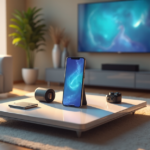 "A modern living room scene featuring a sleek smartphone, smartwatches, wireless earbuds, and a cutting-edge smart speaker in harmony."
