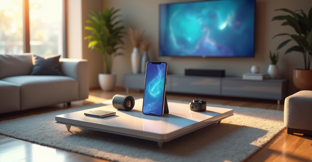 "A modern living room scene featuring a sleek smartphone, smartwatches, wireless earbuds, and a cutting-edge smart speaker in harmony."