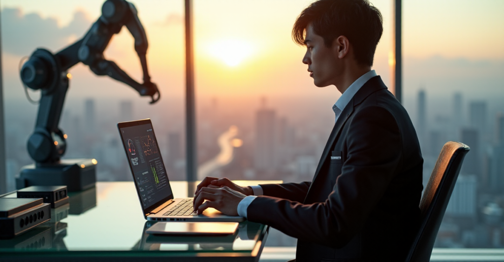 "A young professional sits confidently at a minimalist desk surrounded by cutting-edge gadgets and AI automation devices in a futuristic workspace."