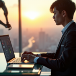 "A young professional sits confidently at a minimalist desk surrounded by cutting-edge gadgets and AI automation devices in a futuristic workspace."