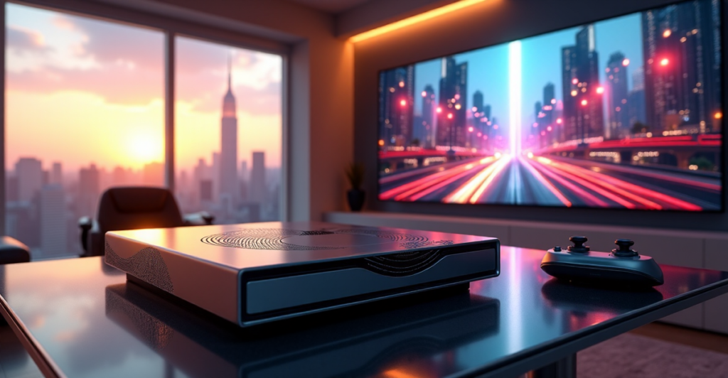 "A sleek, high-tech gaming console on a minimalist desk in a futuristic living room, surrounded by gaming peripherals and a massive LED screen displaying an immersive game environment."