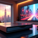 "A sleek, high-tech gaming console on a minimalist desk in a futuristic living room, surrounded by gaming peripherals and a massive LED screen displaying an immersive game environment."