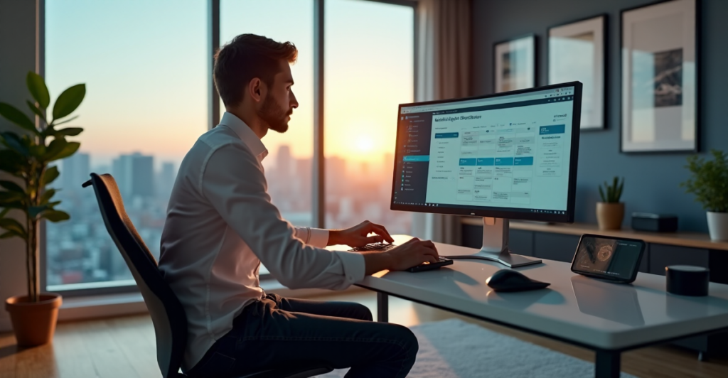 "A young professional sits in a modern home office space surrounded by cutting-edge 5G gadgets and AI automation devices, exuding calm focus and productivity."