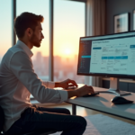 "A young professional sits in a modern home office space surrounded by cutting-edge 5G gadgets and AI automation devices, exuding calm focus and productivity."