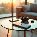 "A modern living room scene featuring top 5G connectivity gadgets, including a smartphone, wireless earbuds, smartwatch, and tablet, bathed in warm golden hour lighting."