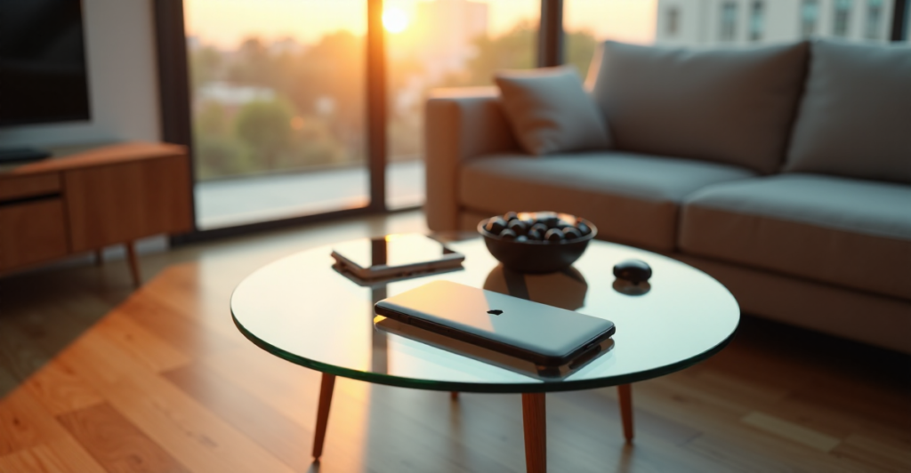 "A modern living room scene featuring top 5G connectivity gadgets, including a smartphone, wireless earbuds, smartwatch, and tablet, bathed in warm golden hour lighting."