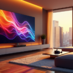 "Cutting-Edge Gadgets Revolutionizing Entertainment with 5G Tech Innovations" "A futuristic living room with a large 85-inch 8K smart TV as central focus, surrounded by cutting-edge gadgets including wireless earbuds, gaming console, and virtual reality headset."