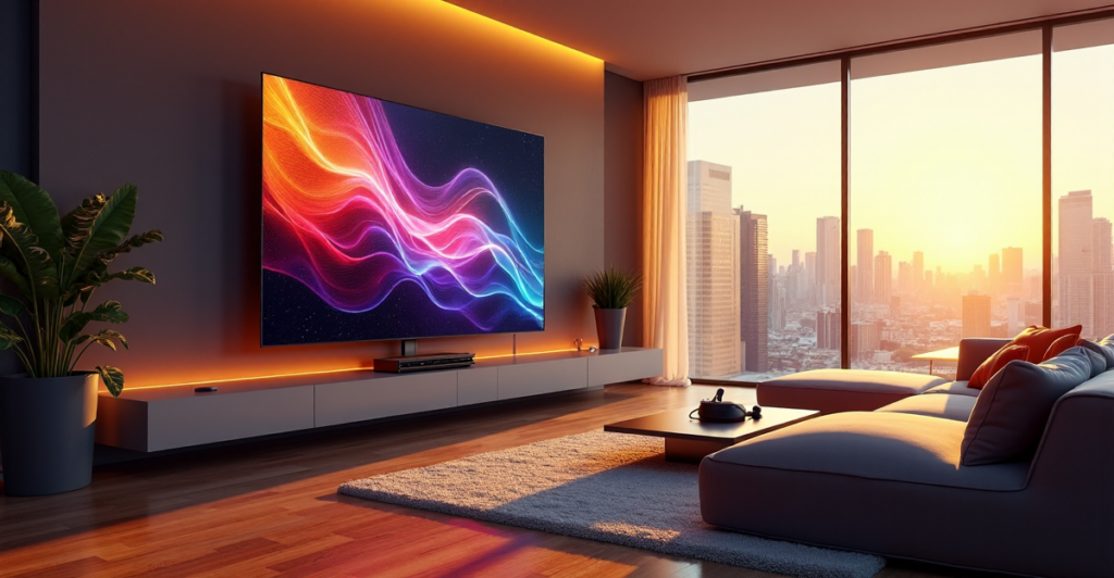 "A futuristic living room with a large 85-inch 8K smart TV as central focus, surrounded by cutting-edge gadgets including wireless earbuds, gaming console, and virtual reality headset."