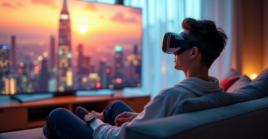 "A young adult sits on a modern couch, surrounded by cutting-edge tech, gazing at an immersive AI-generated virtual reality experience on a massive curved 5G-enabled screen."